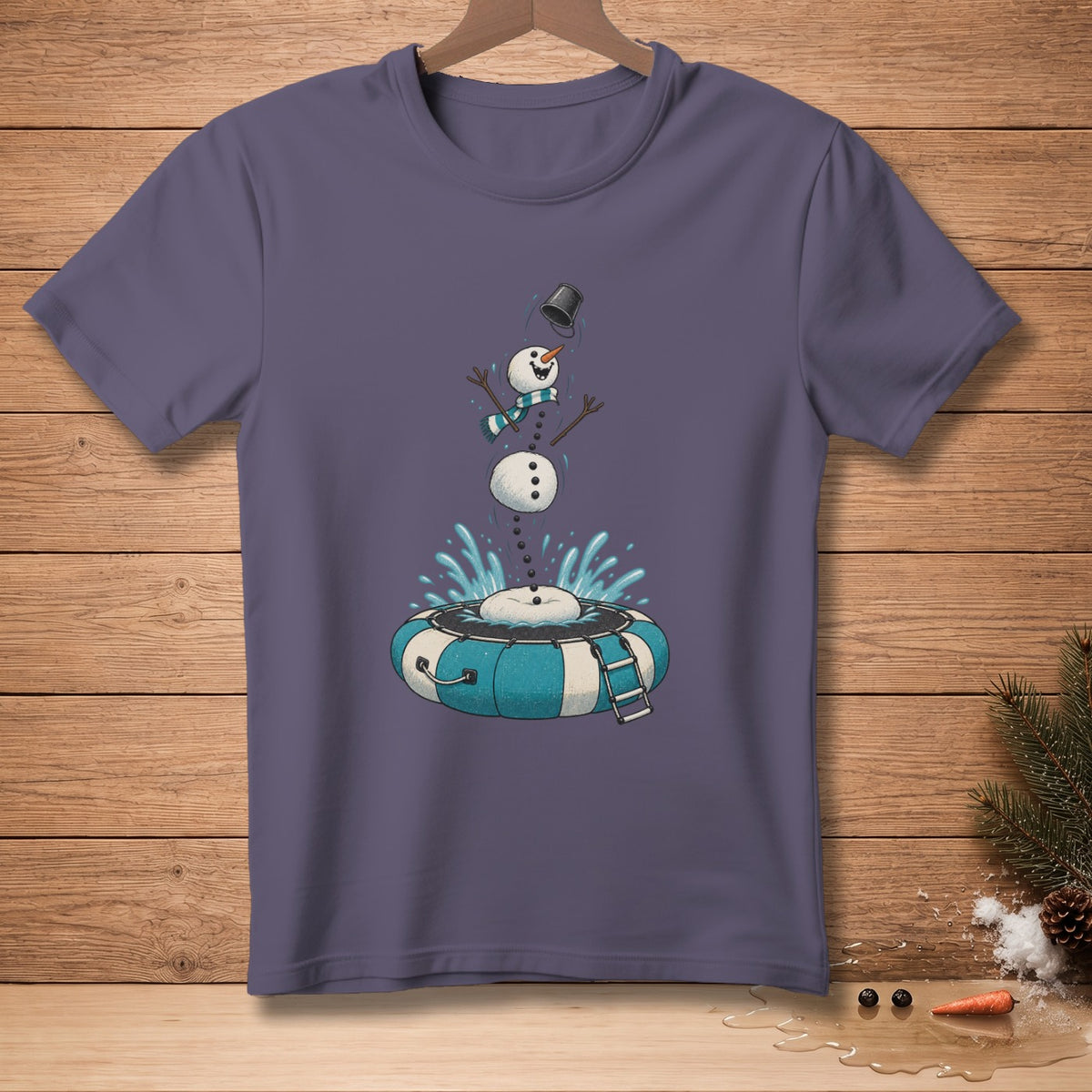 Snowman falling into a striped inner tube with water splashing.