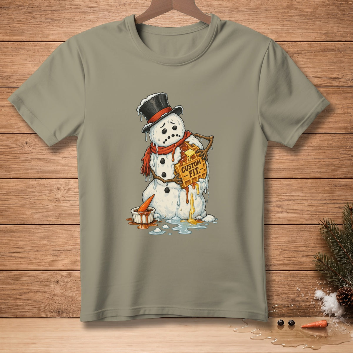 Melting snowman wearing a top hat and scarf, holding a waffle with "CUSTOM FIT." text.