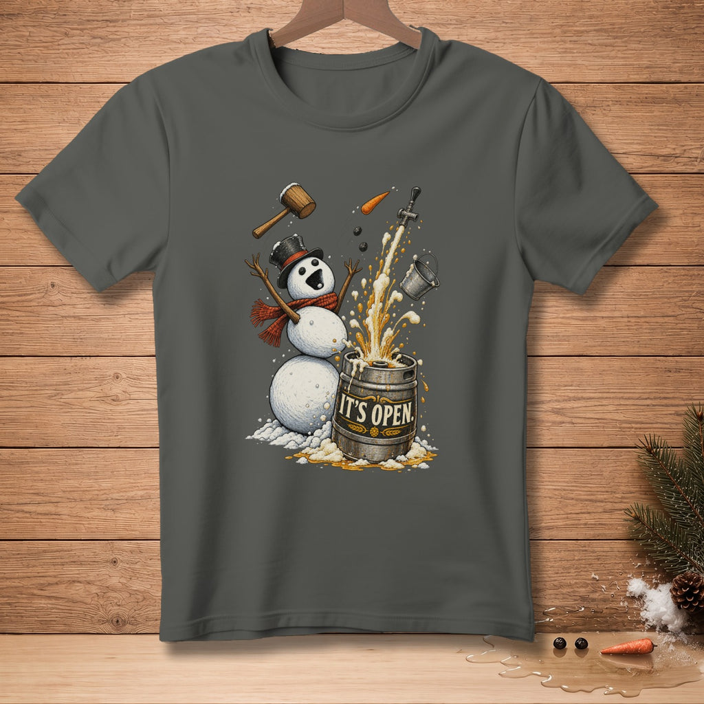 Snowman with top hat and scarf pouring beer from a keg labeled "IT'S OPEN".