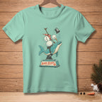 Snowman riding a dolphin on a mechanical ride with text "BORN READY".