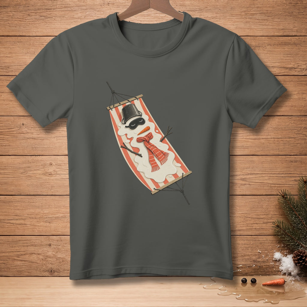 Snowman wearing a hat and scarf relaxing in a hammock on a dark grey t-shirt.