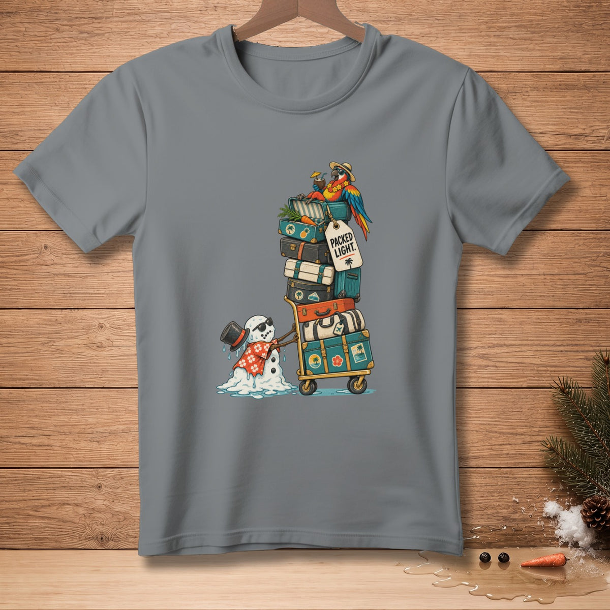 Melting snowman with suitcase tower and parrot that says "Packed Light."