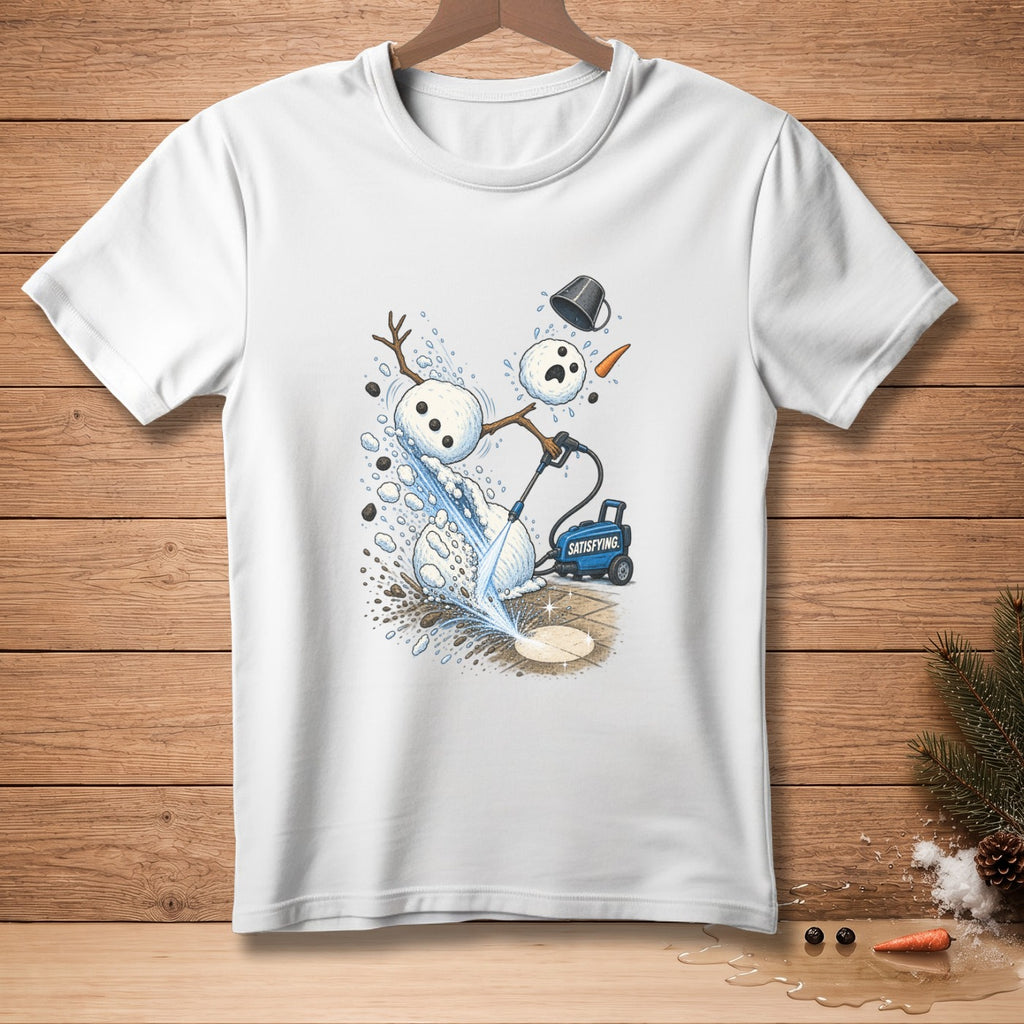 White t-shirt featuring a snowman being power washed with the word SATISFYING.