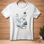 White t-shirt featuring a snowman being power washed with the word SATISFYING.