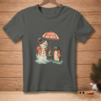 Melting snowman and penguin under umbrella with text "YOU'RE NO HELP."