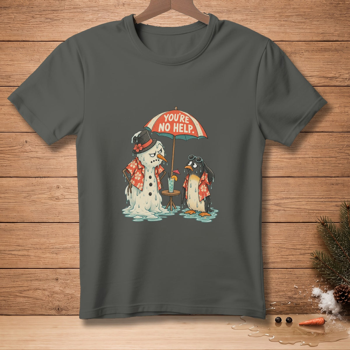 Melting snowman and penguin under umbrella with text "YOU'RE NO HELP."