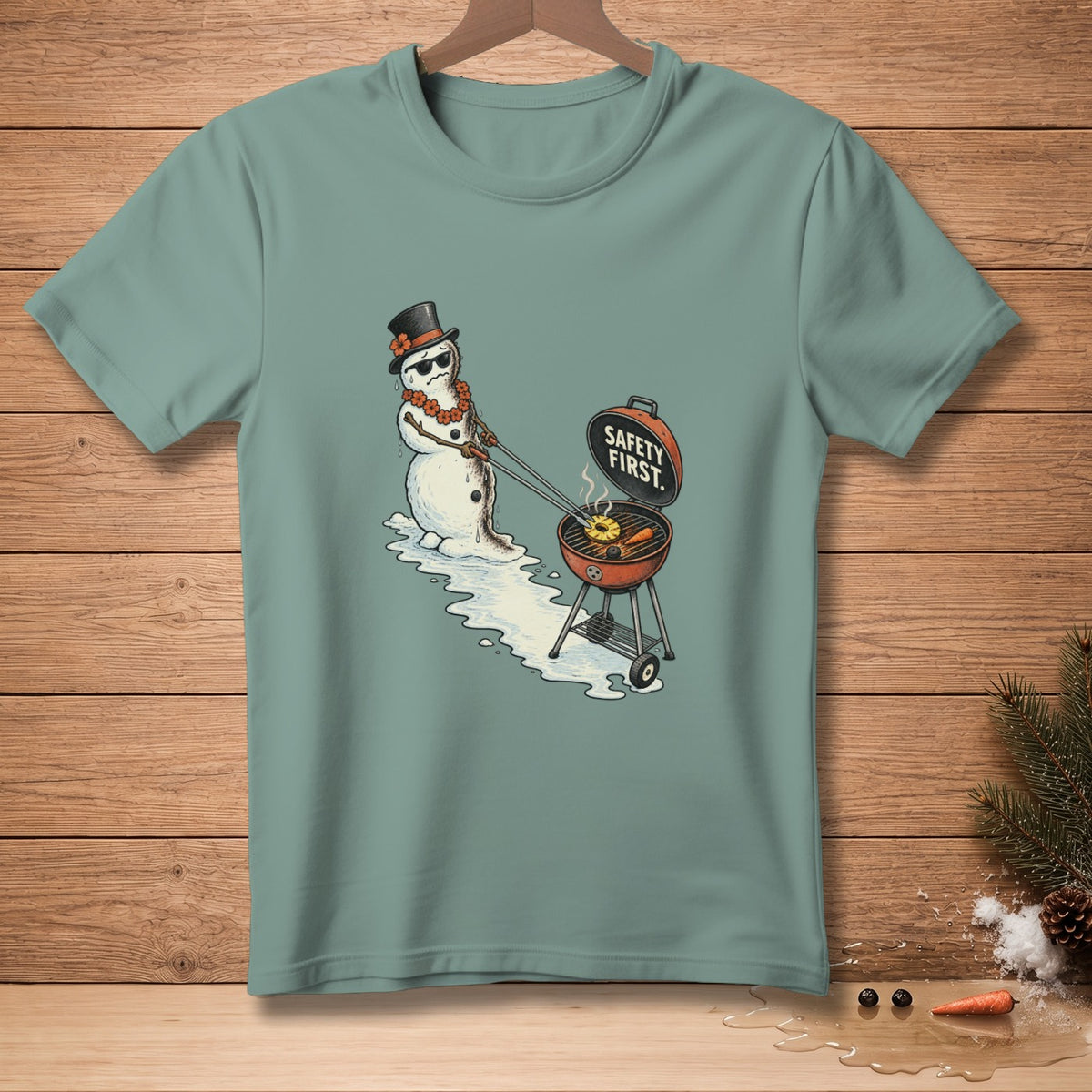 Snowman grilling pineapple rings and carrots with text "Safety First."