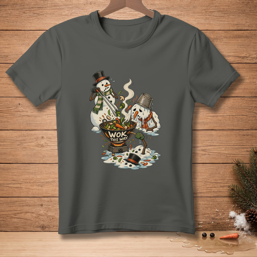 Snowmen cooking vegetables in a wok with text "WOK THIS WAY".