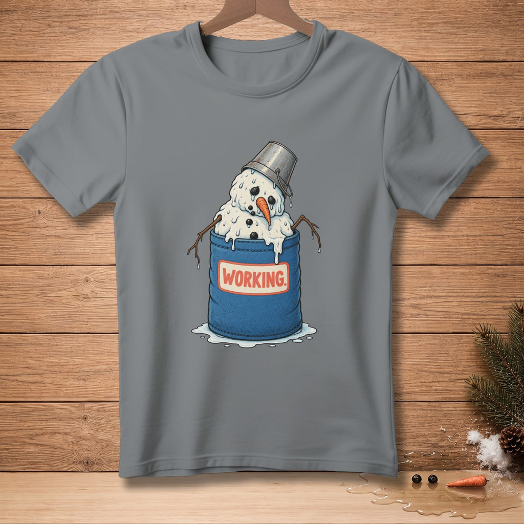 Melting snowman with bucket hat in a blue barrel labeled "WORKING".