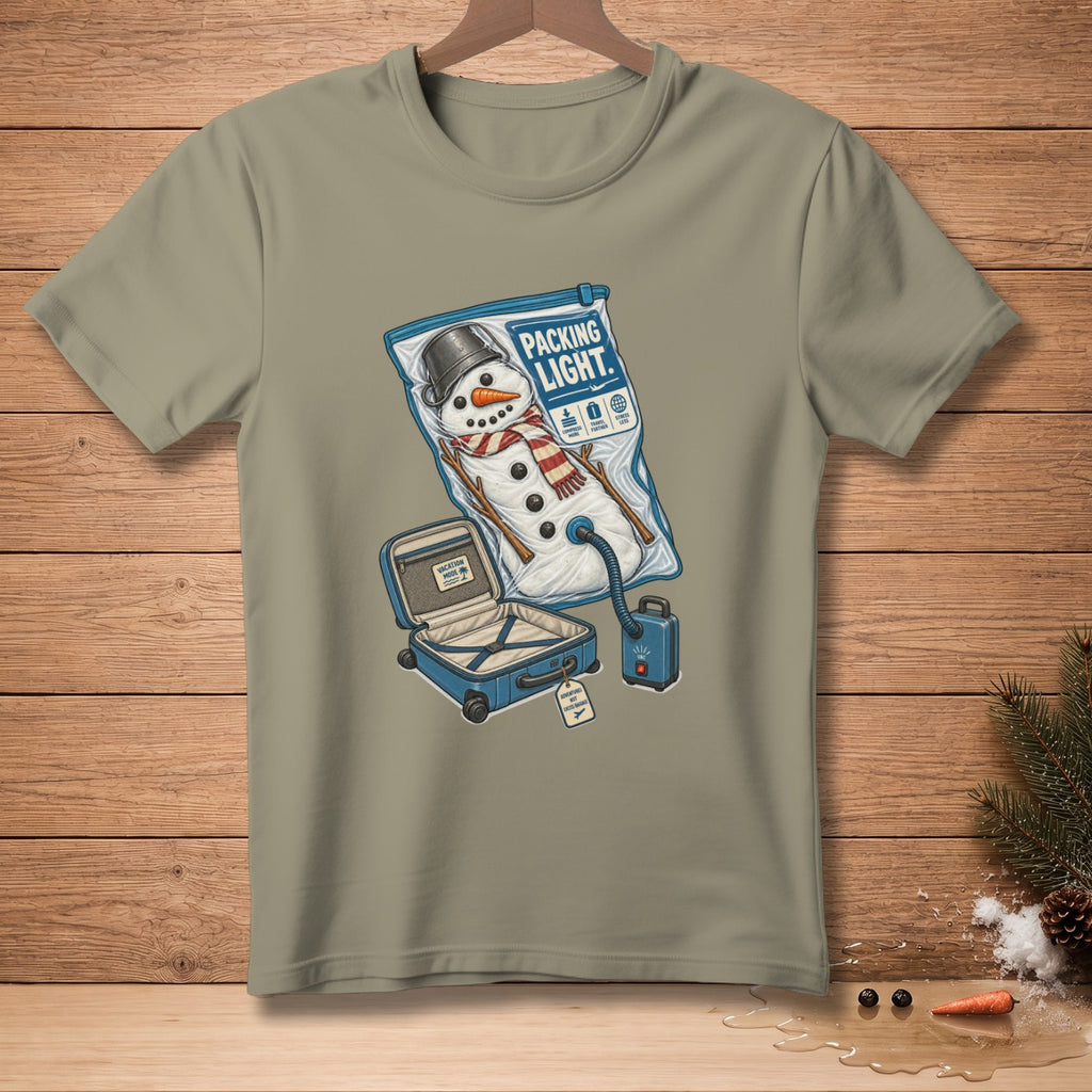 Snowman in a vacuum-sealed bag with a suitcase and a vacuum cleaner.