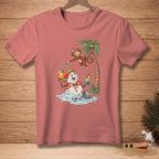 Melting snowman with cocktails and a monkey on a palm tree.