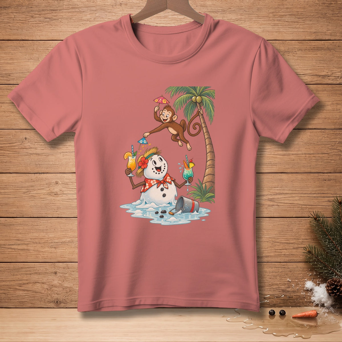 Melting snowman with cocktails and a monkey on a palm tree.
