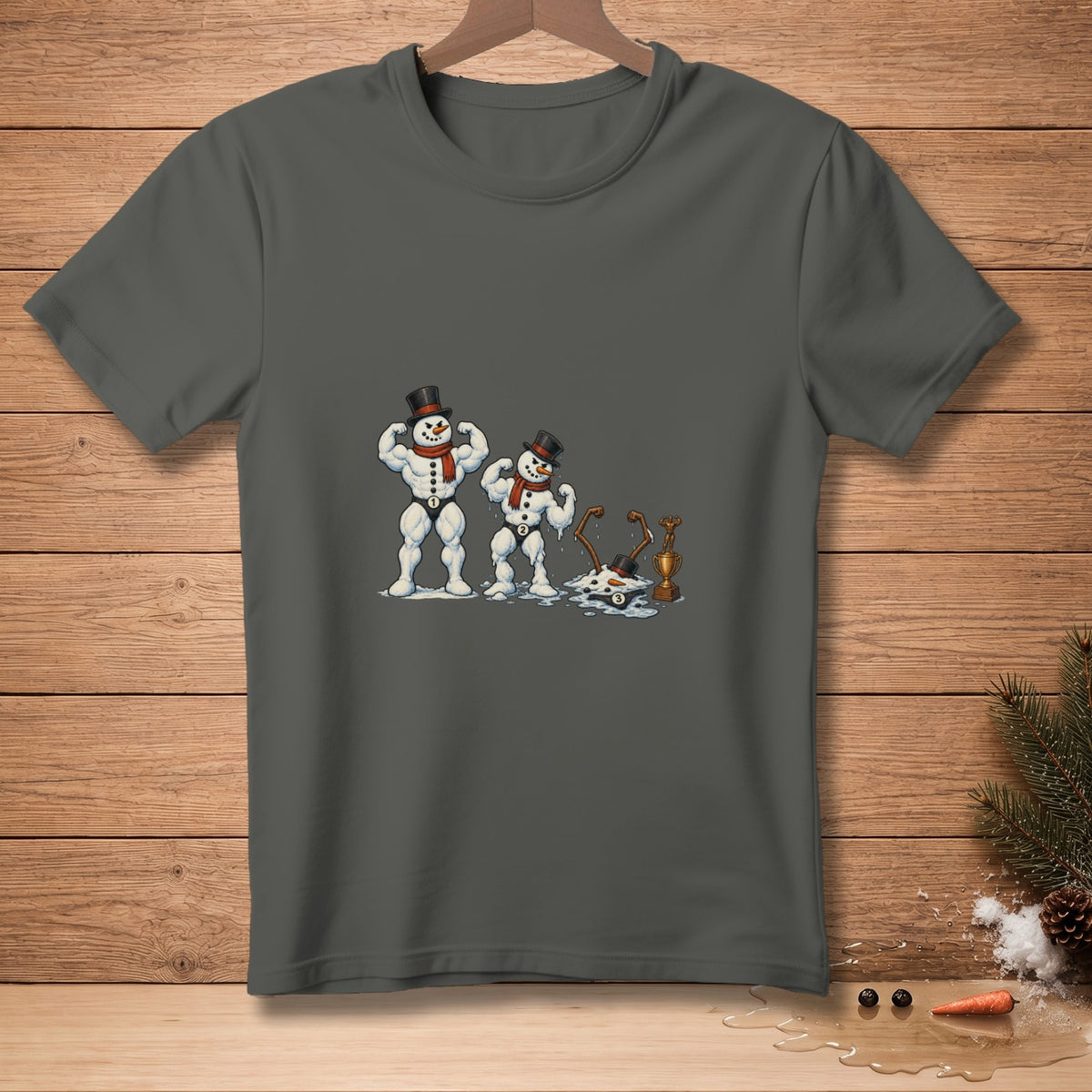 Two muscular snowmen, one melting into a puddle, with a trophy.