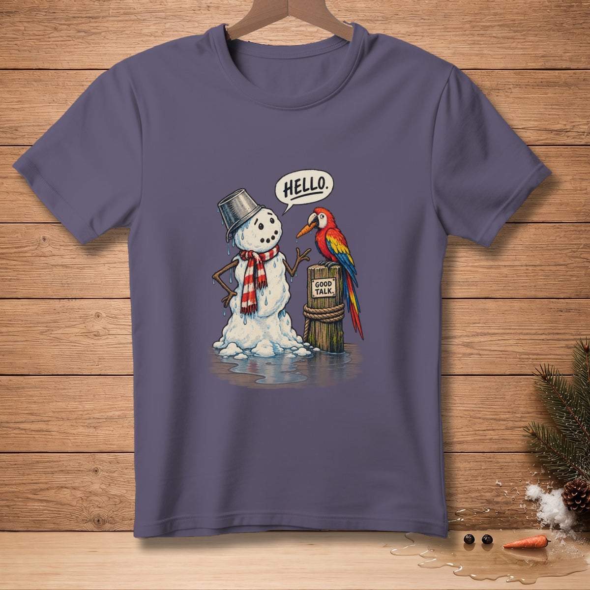 Illustration of a melting snowman with a bucket hat and scarf talking to a parrot.
