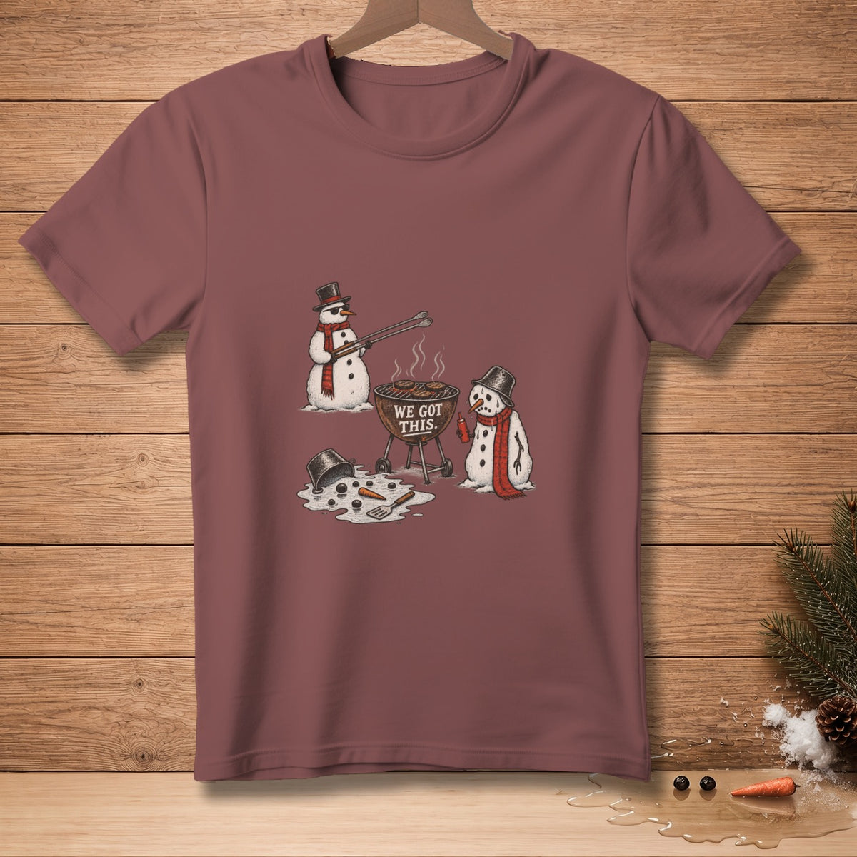 Snowmen grilling with text "WE GOT THIS."