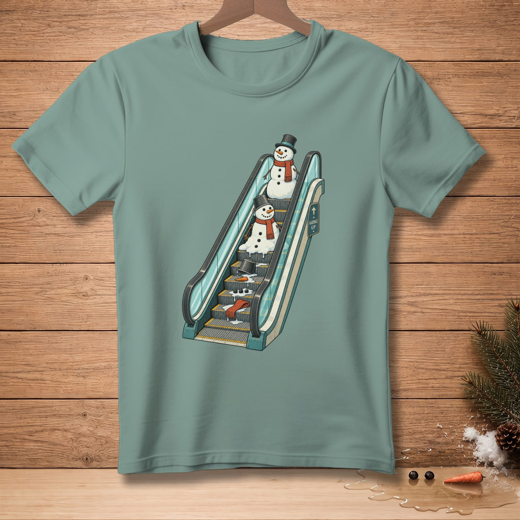 Two melting snowmen with scarves ride an escalator labeled "Going Up."