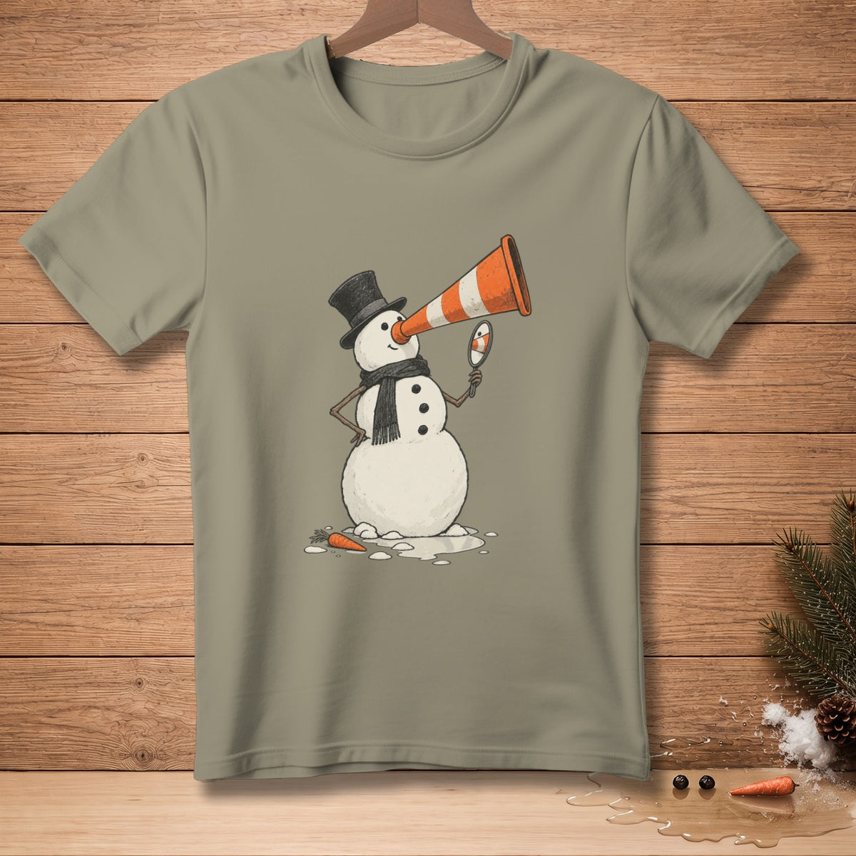 Snowman with top hat, scarf, and a traffic cone as a nose looks in a mirror.
