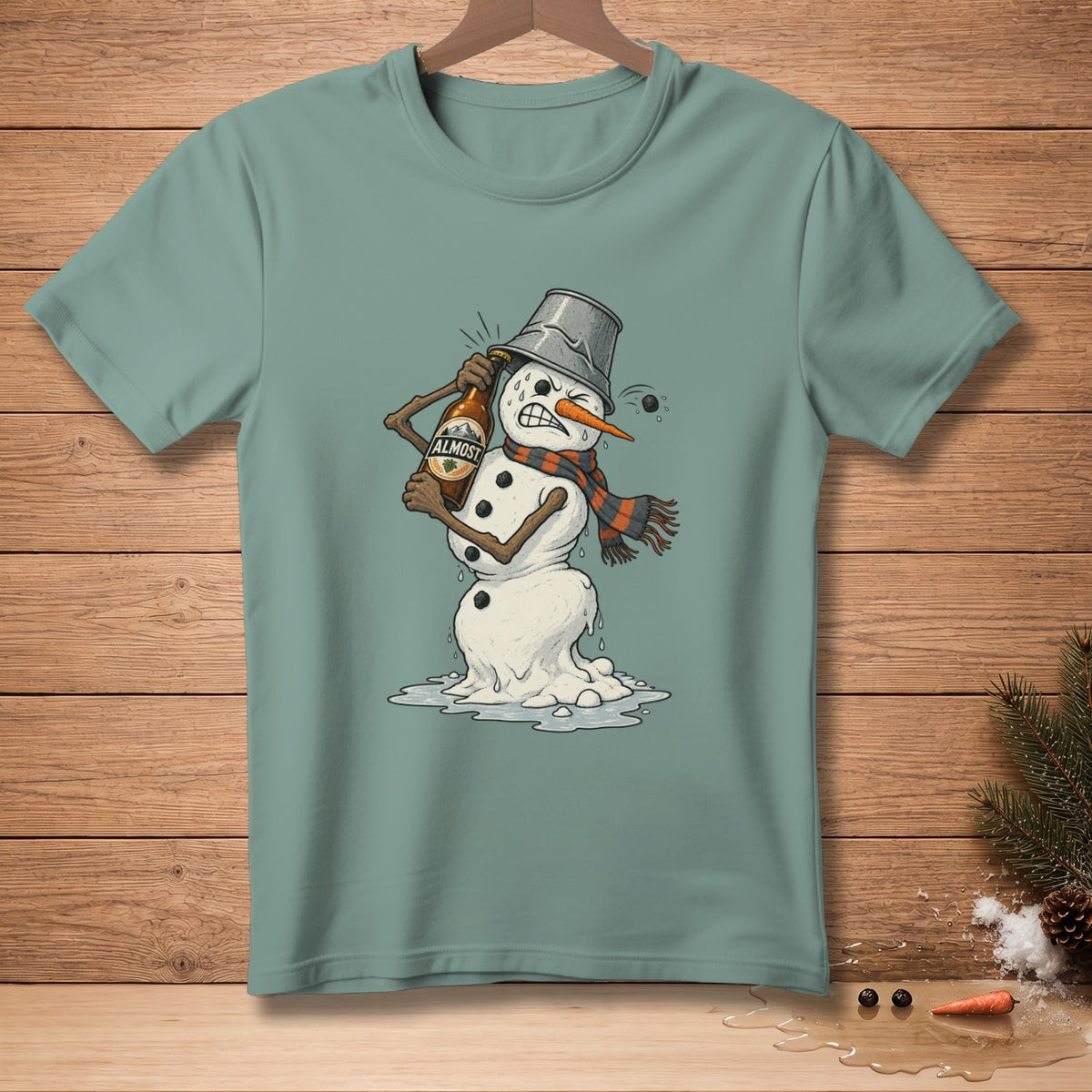 Melting snowman in a bucket hat, opening a beer bottle labeled "Almost".