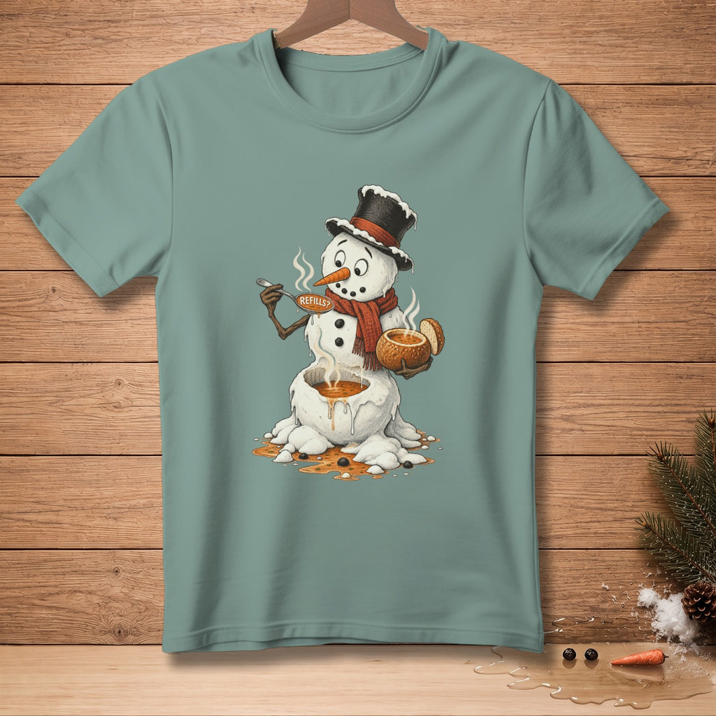 Melting snowman in top hat and scarf eating soup with "REFILLS?" spoon.