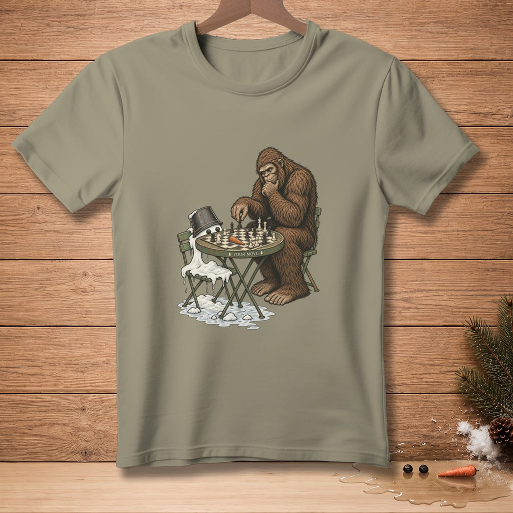 Bigfoot plays chess with a snowman, a bucket overturned next to him.