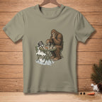 Bigfoot plays chess with a snowman, a bucket overturned next to him.