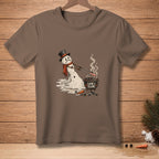 Melting snowman with top hat grilling hot dogs with text "LOW & SLOW."