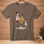Two snowmen enjoy a tropical punch bowl with a third melting snowman on a table.