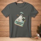 Melting snowman on a striped towel with sunglasses and "Vacation Mode" text.