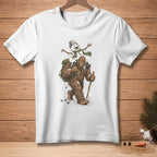 Bigfoot carries a melting snowman with a bucket on its head wearing a green scarf.