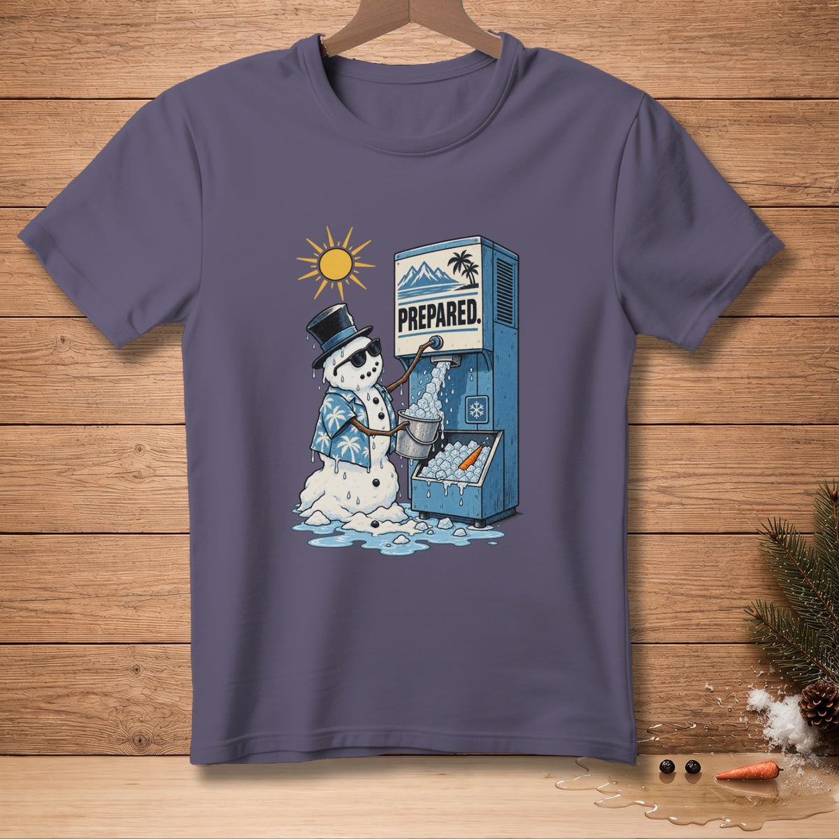 Snowman in Hawaiian shirt making ice blocks from a machine labeled PREPARED.