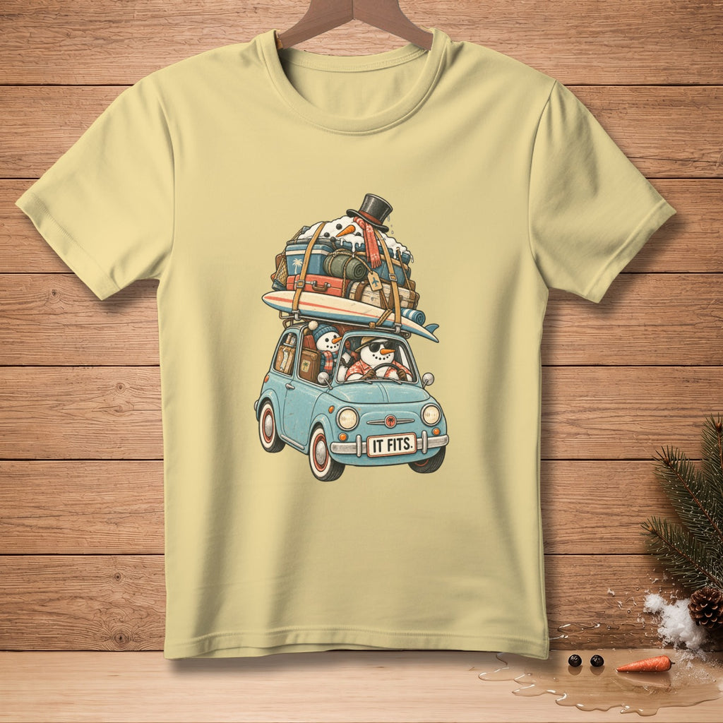 Snowmen packed in a car with luggage and a surfboard.