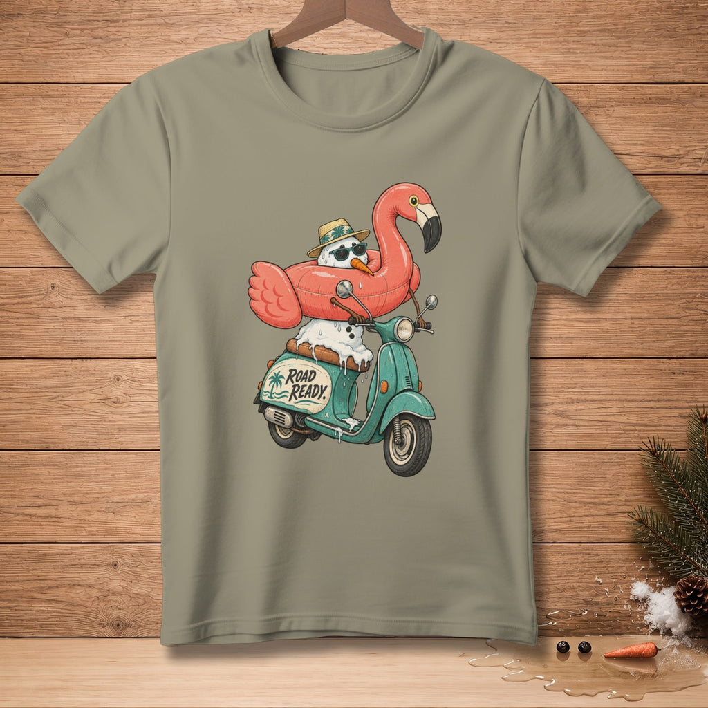 Snowman in flamingo float riding a scooter with "Road Ready" text.