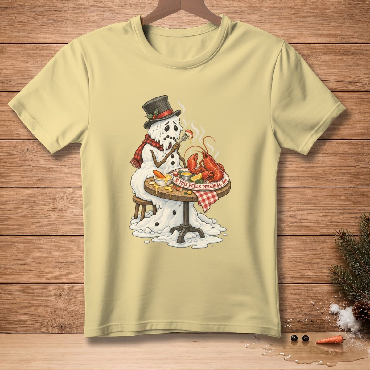 Melting snowman wearing a hat and scarf eats lobster with text "THIS FEELS PERSONAL."