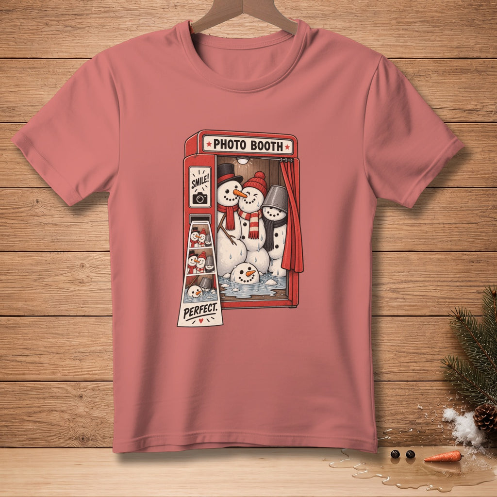 Cartoon snowmen in a photo booth, with "PHOTO BOOTH" and "PERFECT" text.