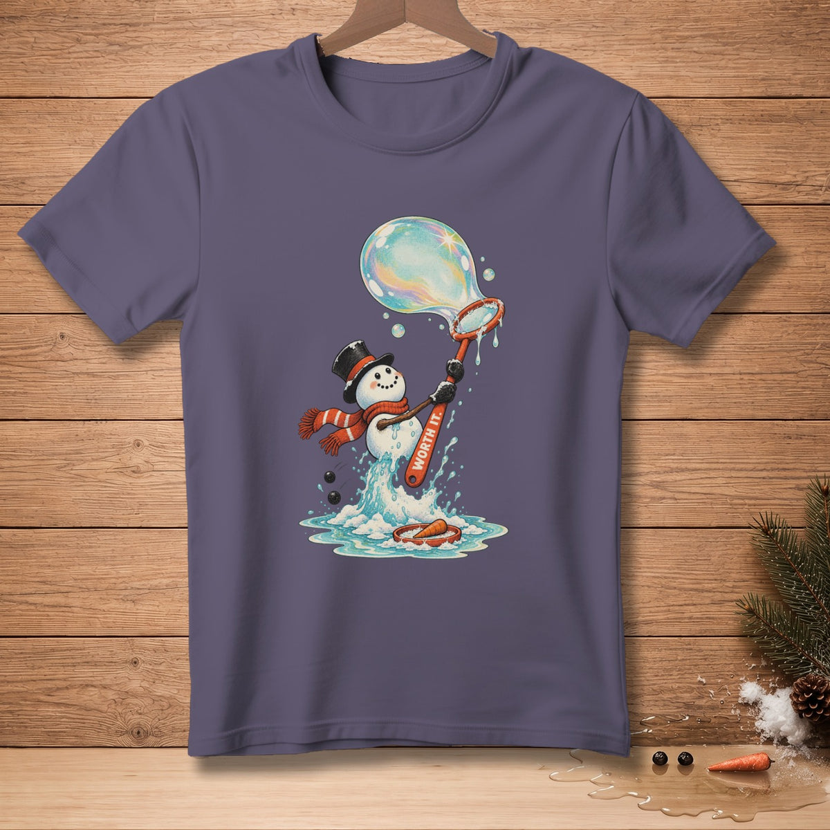 Snowman with bubble wand splashing water, text "WORTH IT."