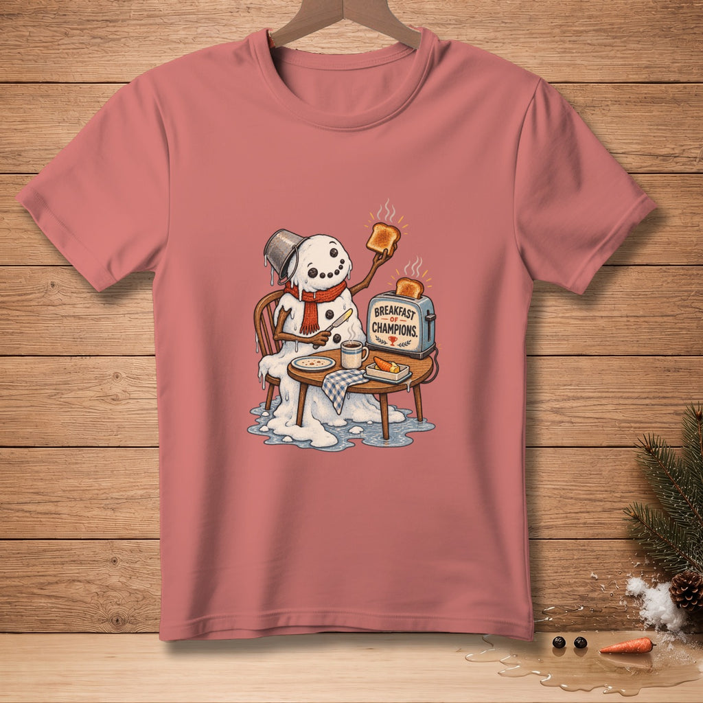 Melting snowman with a bucket on head eating toast and text "BREAKFAST OF CHAMPIONS".