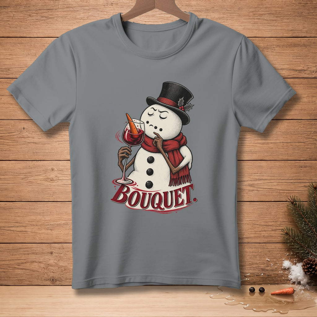 Gray t-shirt with snowman illustration holding wine glass and text "BOUQUET".