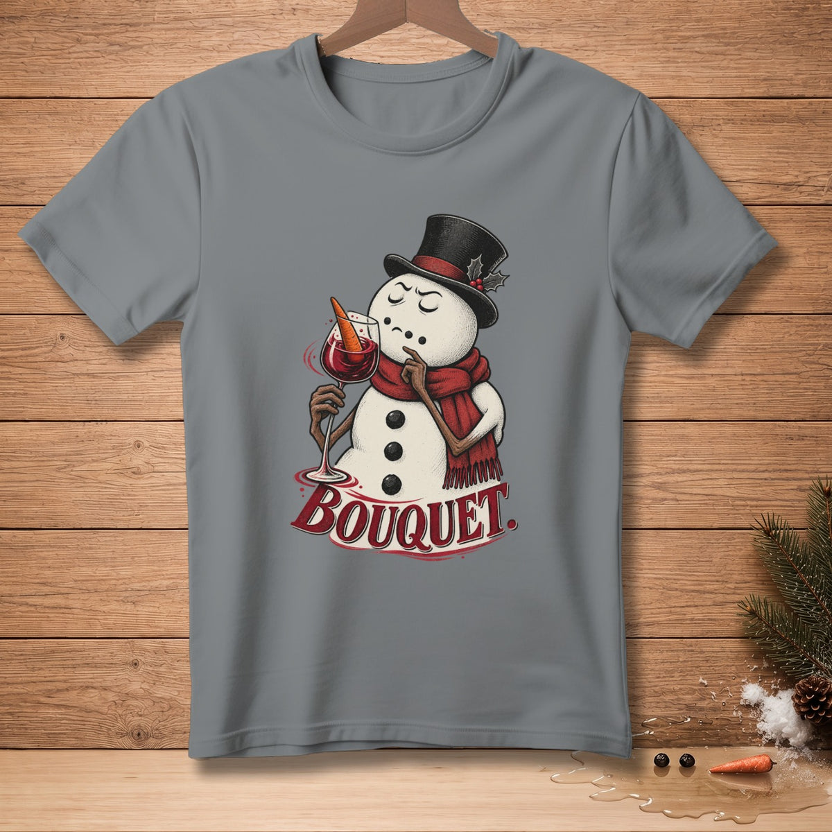 Gray t-shirt with snowman illustration holding wine glass and text "BOUQUET".