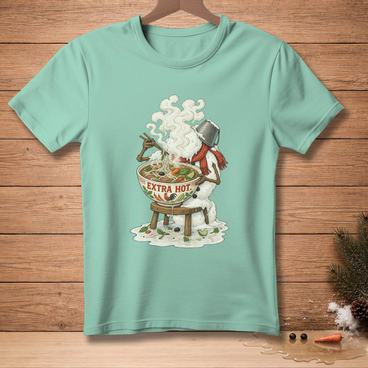 Snowman with bucket hat eating steaming bowl of pho, "EXTRA HOT" text.