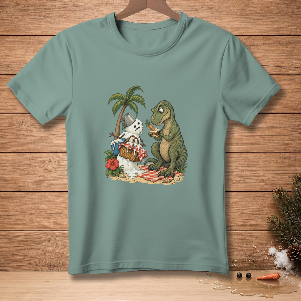 Dinosaur eating a carrot next to melting snowman with picnic basket.