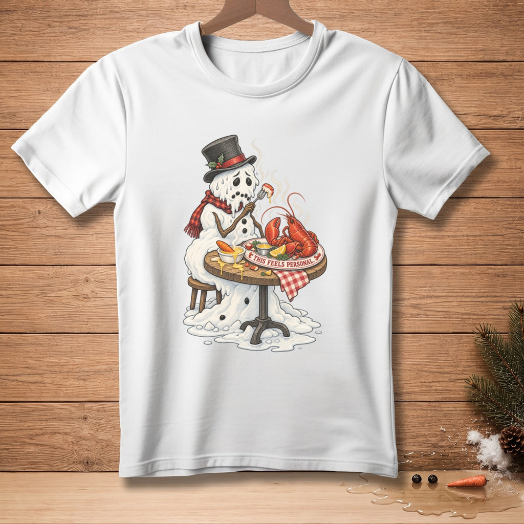 Melting snowman in a top hat eats lobster at a table with text "This feels personal."