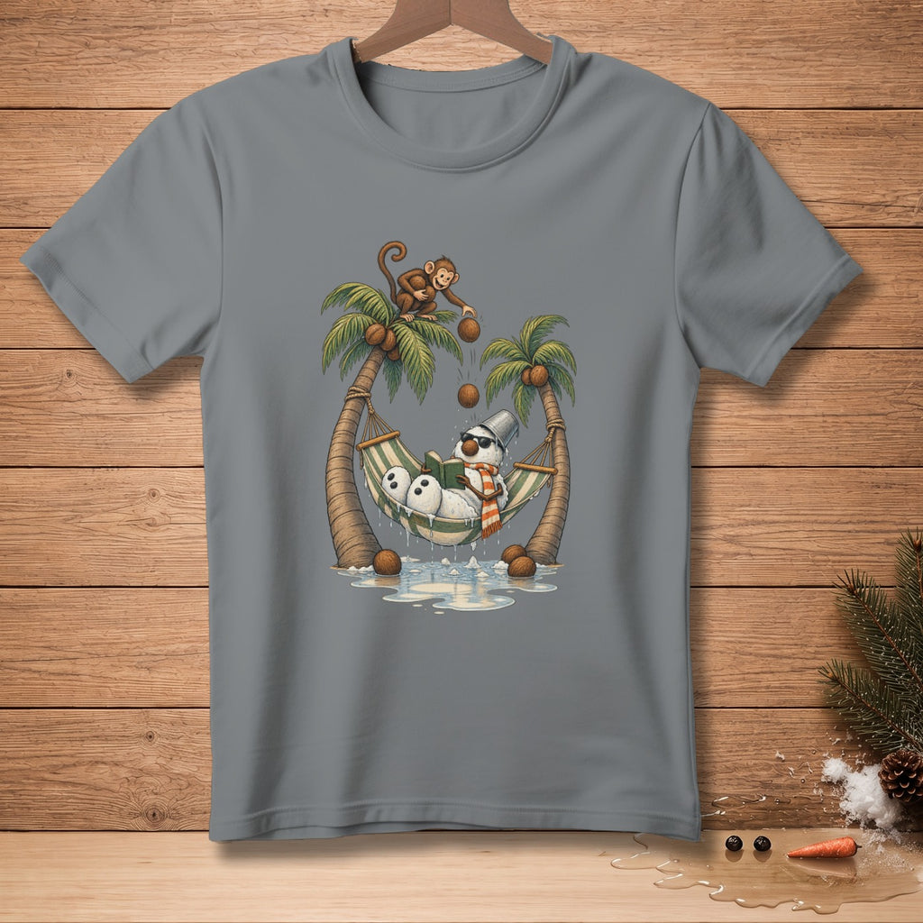 Snowmen relaxing in a hammock between palm trees, a monkey drops coconuts.