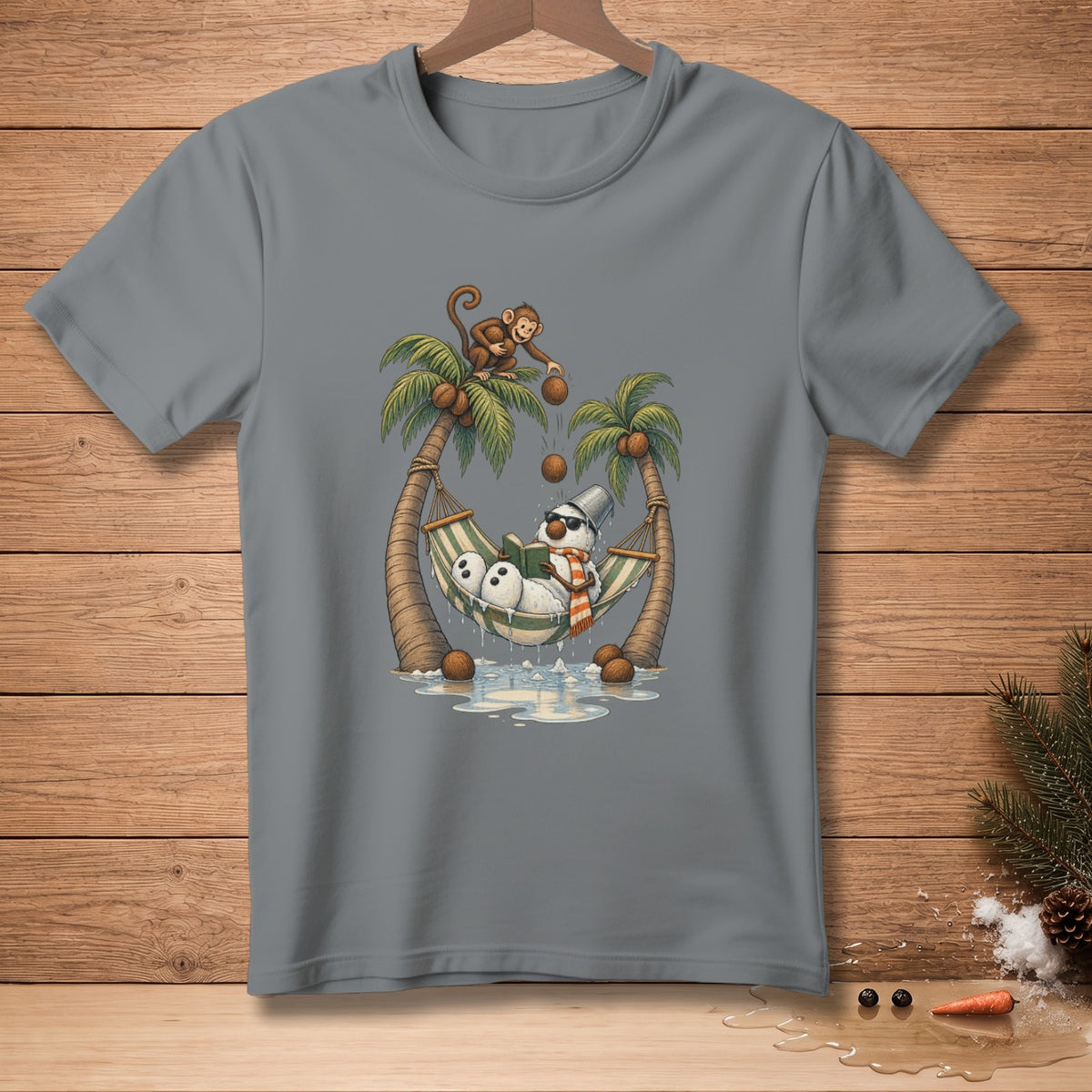 Snowmen relaxing in a hammock between palm trees, a monkey drops coconuts.