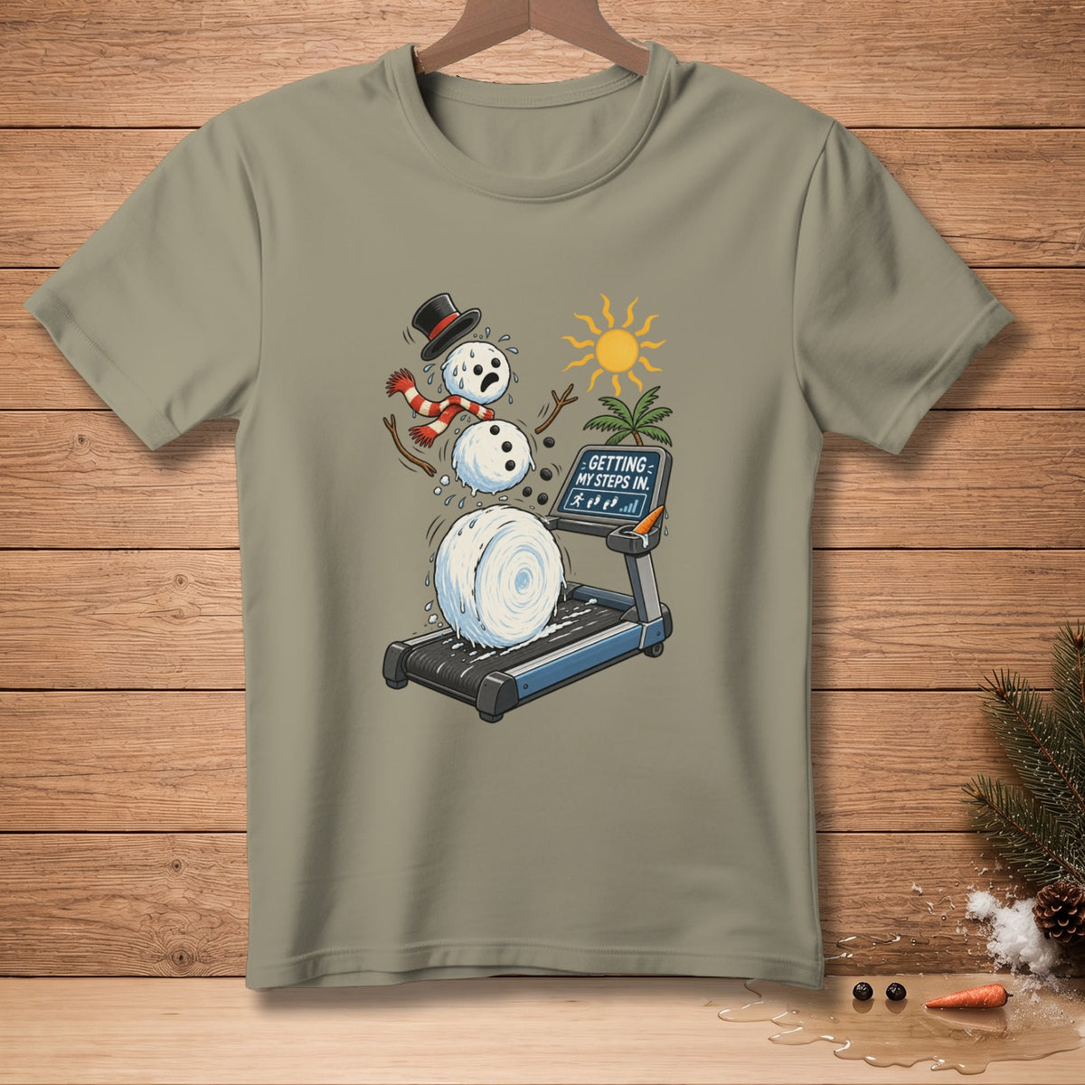 Snowman running on treadmill with text "GETTING MY STEPS IN."
