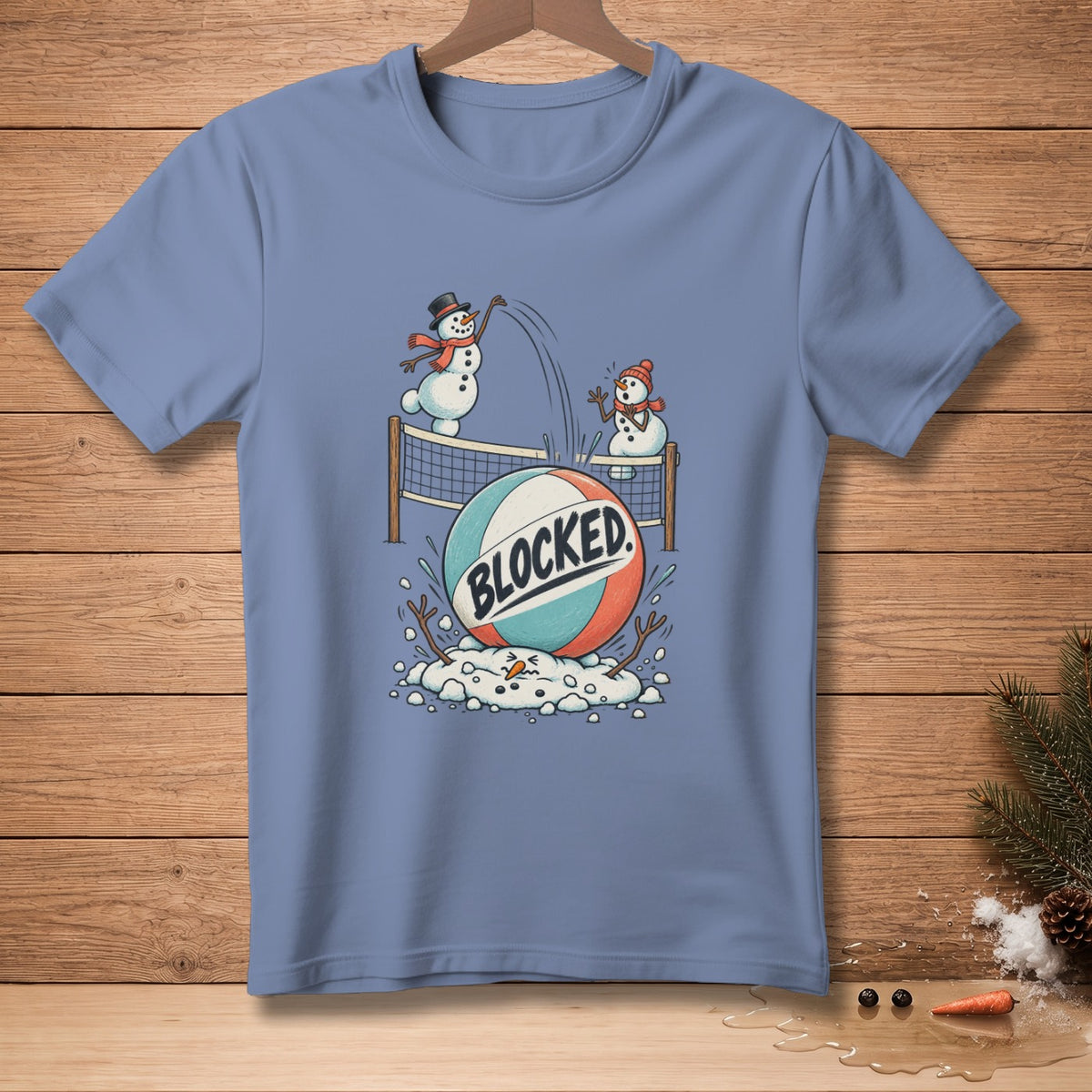 Two snowmen playing volleyball with a "BLOCKED" volleyball.