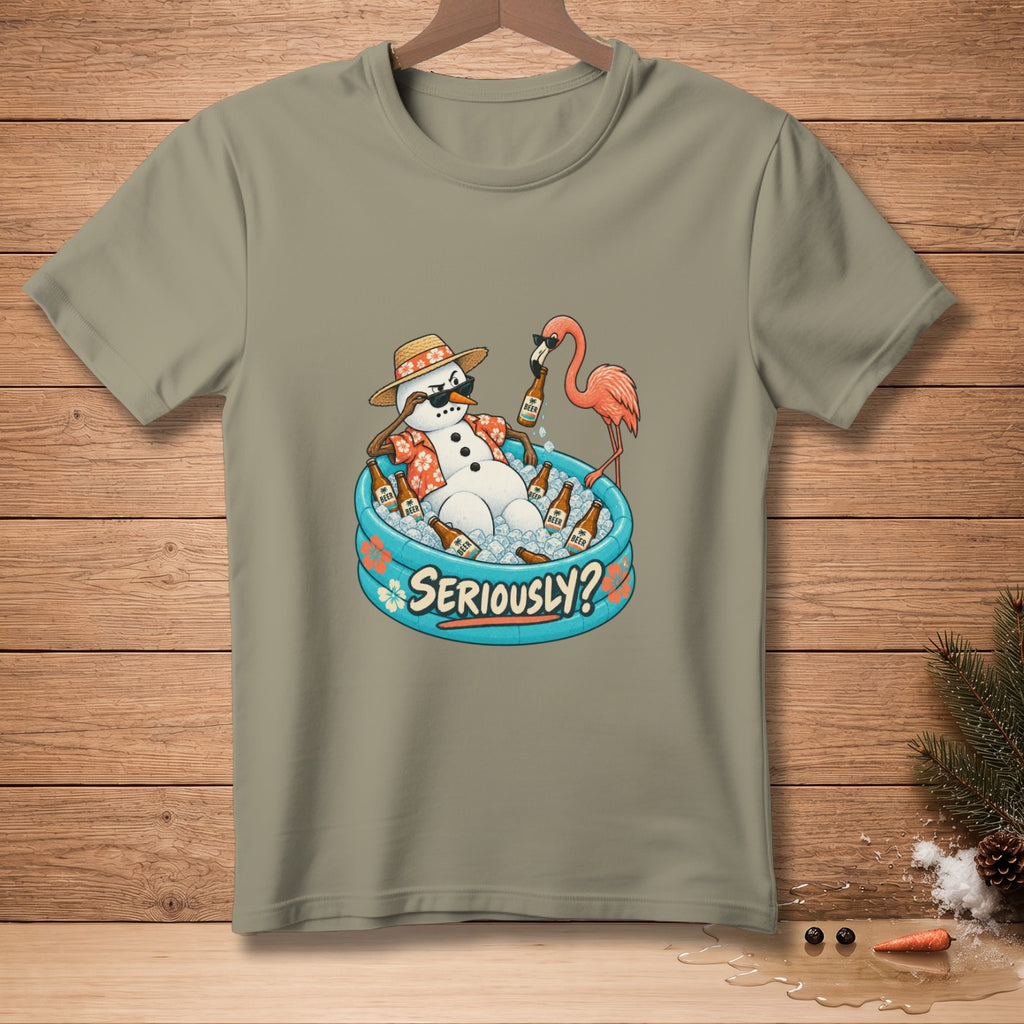 Snowman wearing sunglasses and Hawaiian shirt in kiddie pool with beer and flamingo.