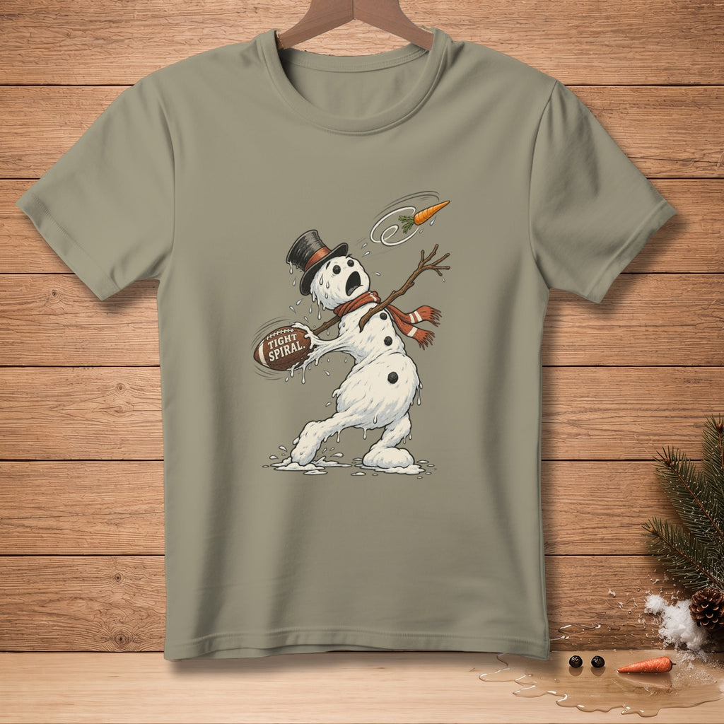 Melting snowman in top hat and scarf throws football with text "TIGHT SPIRAL."