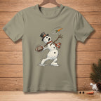 Melting snowman in top hat and scarf throws football with text "TIGHT SPIRAL."
