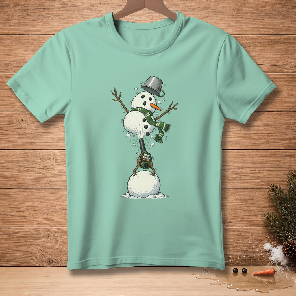 Snowman with bucket hat and scarf launching a snowball with a "MORE POWER" device.