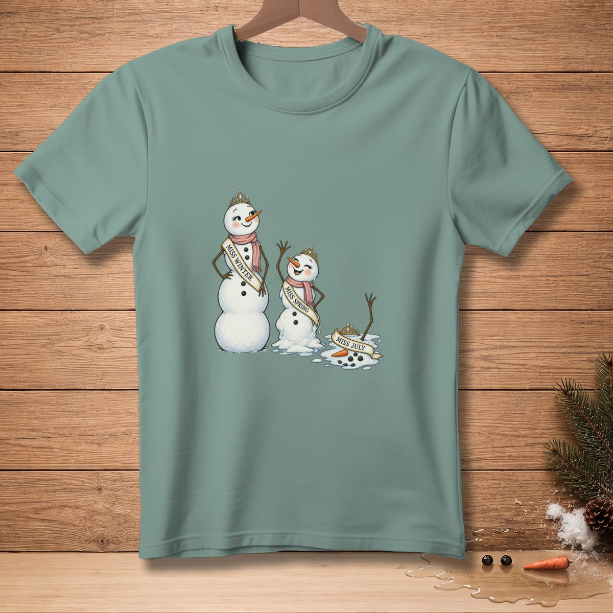 Three snowmen, "Miss Winter," "Miss Spring," and "Miss July," with melting snowmen and sashes.
